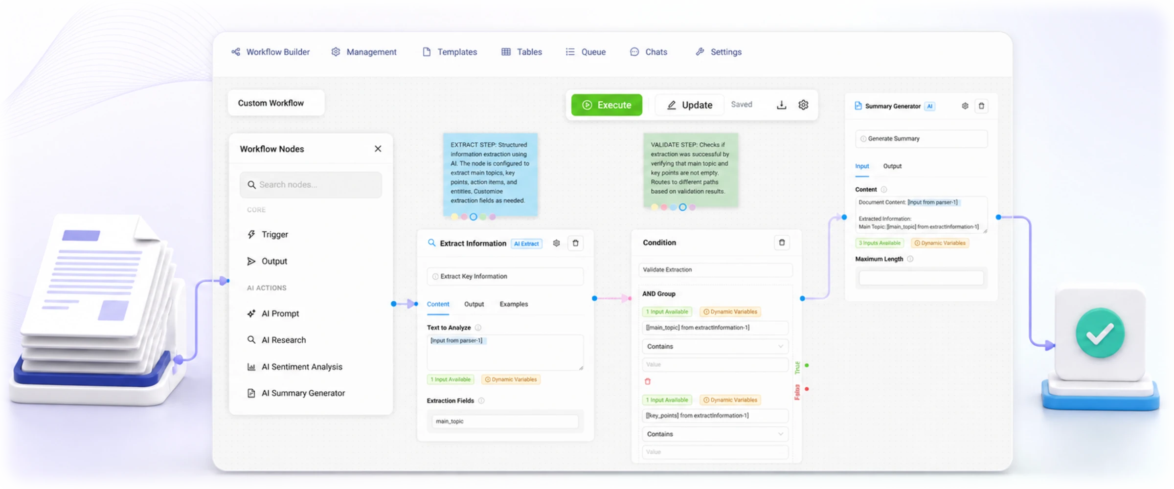 Documents flowing through the RFPrime APE Workflow Builder to a verified result